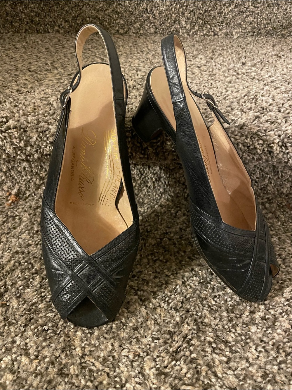 Black Leather Slingback Peep-Toe Heels
